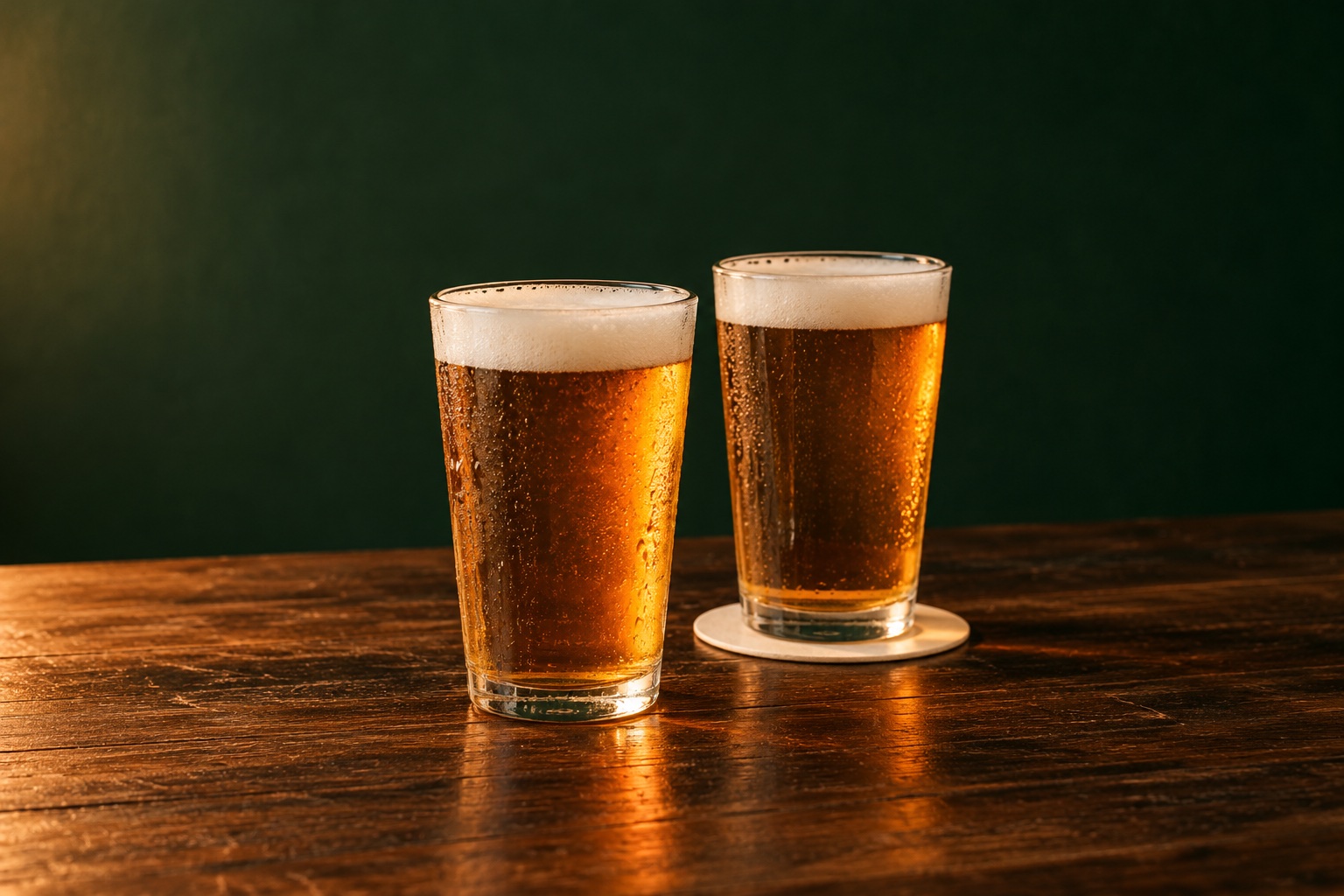 Illustrative still life of two amber beers on a wooden tabletop; not Lions Pub's actual drinks or interior